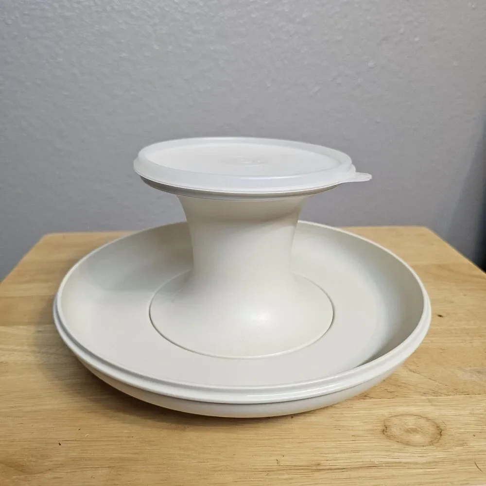 Tupperware Chip & Dip Serving Tray Bowl Set w/ Lid Almond White Vintage USA